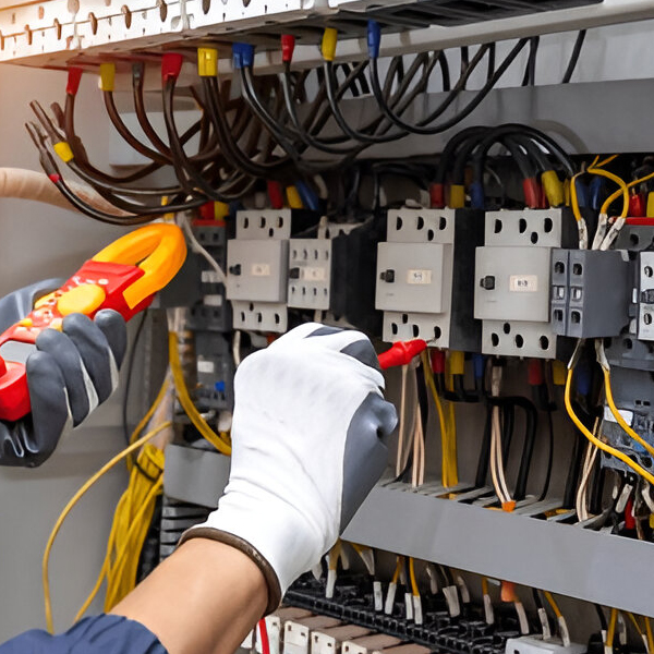 Electrician wearing safety gear uses tools to repair an electrical outlet.