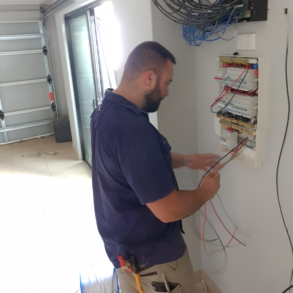 Electrician working on a switchboard panel, wiring electrical connections inside a residential building