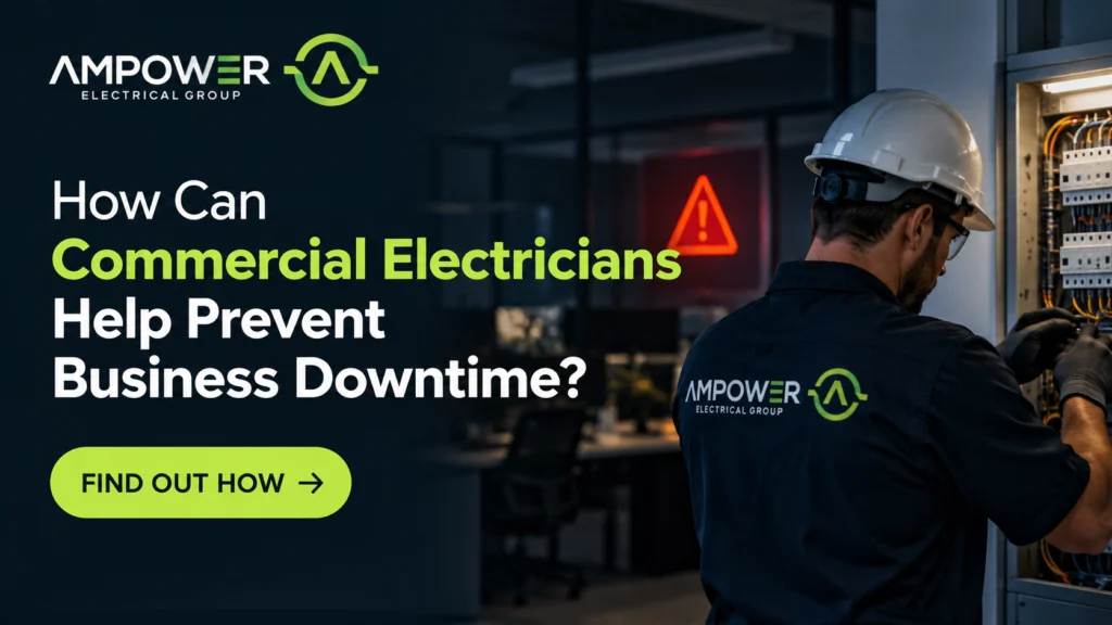 Commercial electrician servicing an electrical panel to help prevent business downtime, with AMPOWER Electrical Group branding.